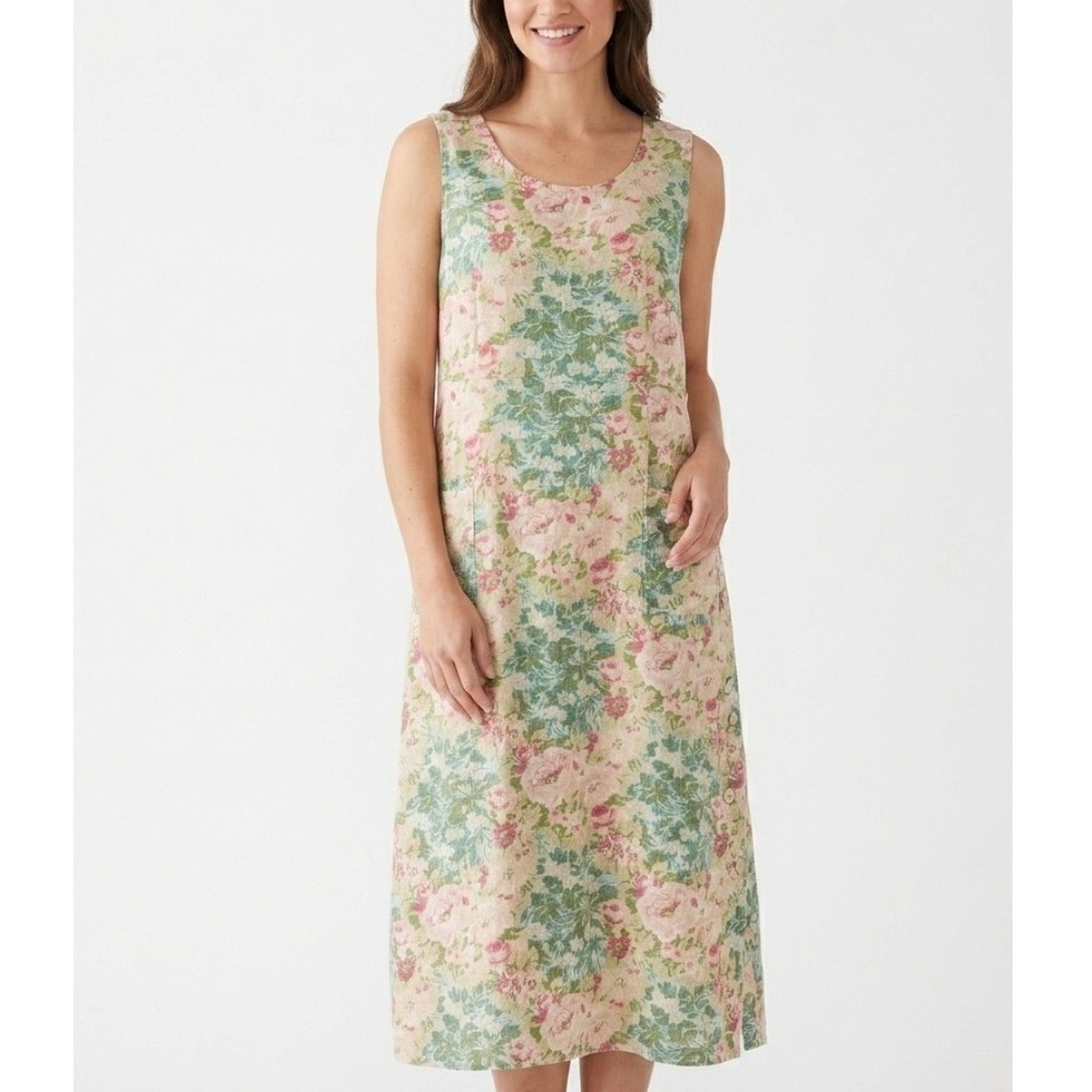 Vintage April Cornell Floral Midi Dress  Cotton‎ Linen Pink Green Sleeveless L